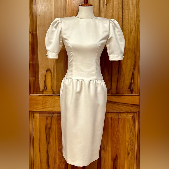 A.J. Bari - VTG 80s Structured White Satin Formal Dress/Crystal Trim - EUC 4 - Picture 1 of 17